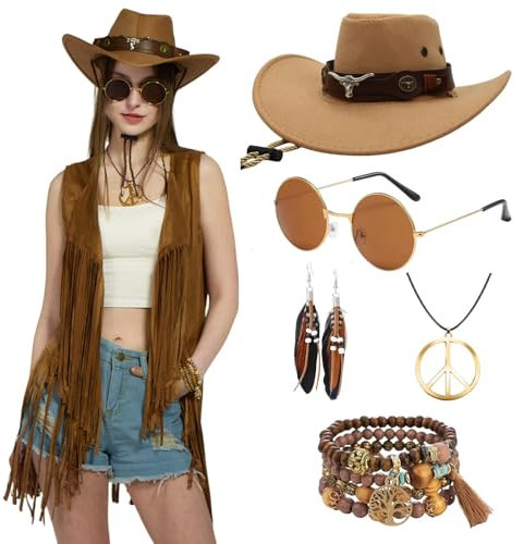Ginkago Hippie Kostüm Set Cowgirl Western Outfit mit Fransenweste Hippie Ohrringe Brille Boho Armband Halskette Mode 60er 70er Jahre Bekleidung für Karneval Mottoparty