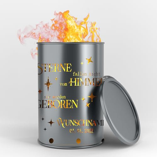 Fuchsbau Feuertonnen Feuertonne mit - Sterne - Motiv - personalisierbar - zur Geburt - neues Ölfass - Besondere Feuerstelle für Garten und Terrasse - Hohe Feuerschale mit Rostoptik - 90 x 60 cm
