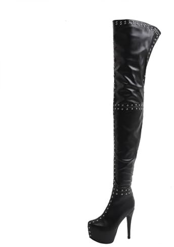GZHMMAN Donna Stivali alla Coscia Stivali sopra Ginocchio Rivetto Testa Rotonda Suola Spessa Tacchi Sottili Stivali Alti Tacco Alto Cerniera Laterale Alto 15 Cm,Black,44