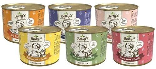 Bettys Landhausküche Cat 6 x 200 g Mixpaket | Garantierter 6 Sorten Mix | Hochwertiges Nassfutter für Katzen | Ohne Getreide | Schonend gegart | Bekömmlich | mit Taurin | Hoher Fleischanteil