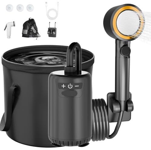 Camping Dusche Tragbare, [8000mAh] Akku Campingdusche mit Pumpe und Duscheimer, Outdoor Dusche Set mit Filter Duschkopf und 10-Gang-Schaltung, für Camping Reisen Garten Wandern Autowaschen Haustier