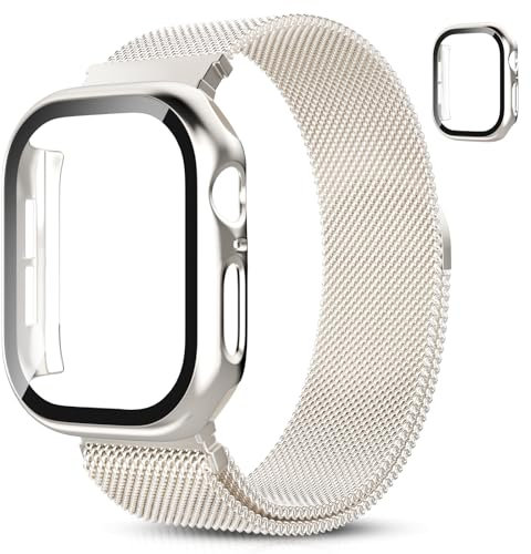 Hexasider Magnetisch Armband mit Schutzhülle für Apple Watch Band 38/40/41/42/44/45/46/49mm Damen Herren, Edelstahl Milanese Loop Band und Hülle iWatch Series 10 9 8 7 6 5 4 3 2 1 SE/2 Ultra