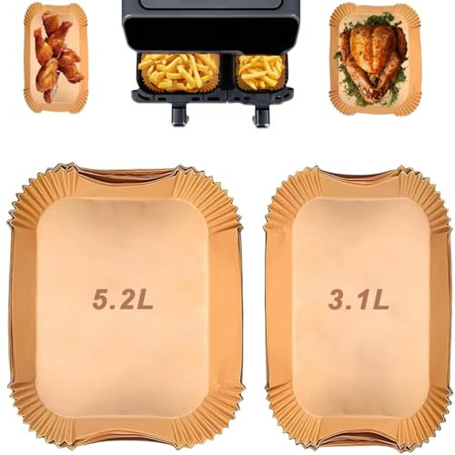 Air Fryer Parchment Paper Liners, 100 Pieces, 5.2L and 3.1L, Compatible with Philips, Tefal, Moulinex Dual Basket Air Fryers