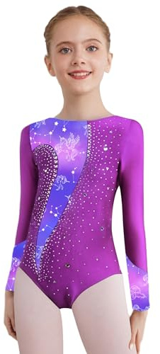 iiniim Mädchen Turnanzug Glitzer Gymnastikanzug Blumendruck Langarm Ballettanzug Gymnastikbody Turntrikot Wettbewerb Tanzkostüm Lila 110-116