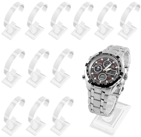 JJQHYC 12 Pieces Clear Plastic Watch Display Stand | C-Type Watch Holder Rack for Watches | Store Countertop or Home Display Organiser