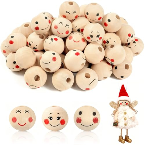 Redamancy 60 Stück Holzperlen mit Gesicht, 20 mm runde natürliche Holzperlen, Kugelkopf aus Holz mit Gesicht, für die Herstellung von Schmuck, Armbändern, kreative Dekorationen (3 Stile)