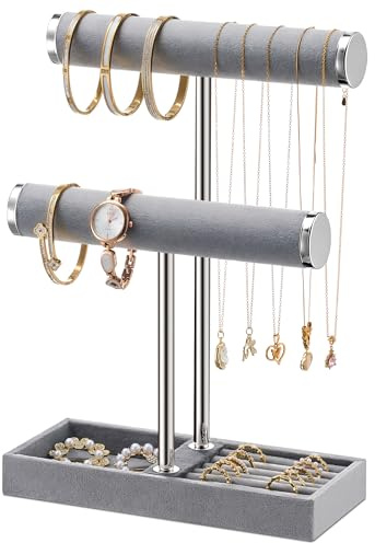 Josmimic Portagioie a 2 livelli di colore grigio, porta gioielli rimovibile a T, porta gioielli in velluto, porta gioielli per bracciali, collane, orologi, anelli