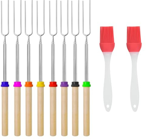 Lot de 8 fourchettes Marshmallow Brochette,Fourchette Barbecue Télescopique，Brochettes Télescopiques Acier Inoxydable,pour barbecue, feu de camp, pique-nique