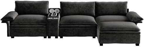 HOMYLIN Modulares 4-Sitzer Sofa mit Ottomane, Wohnlandschaft mit Bluetooth Lautsprecher, USB Wireless Charging, Stauraum Konsole, Verstellbare Armlehnen, Komfort Polster Sofa für Wohnzimmer, Schwarz