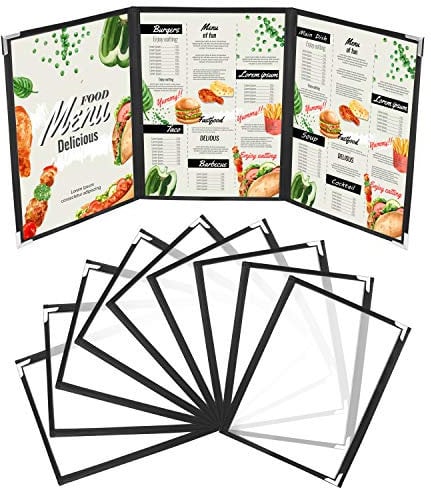 Kurtzy Dreifach Faltbare A4 Menükartenhalter (10 Stk) – Speisekartenmappe Speisekarten Hülle 3x Faltbar Doppelsicht – Faltmappe Schwarz mit Eckenschutz für Restaurant, Bar, Cafe, Speisekarte