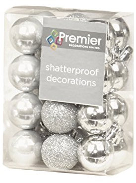 24 x Silver shatterproof Christmas tree Baubles Decorations Mixed finishes by Premier Decorations