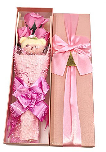 Abbie Home Flower Bouquet 3 Scented Soap Roses Gift Box with Cute Teddy Bear for Her Him Valentine's Day Anniversary Wedding Mothers Day Birthday Gift and Proposal-Pink