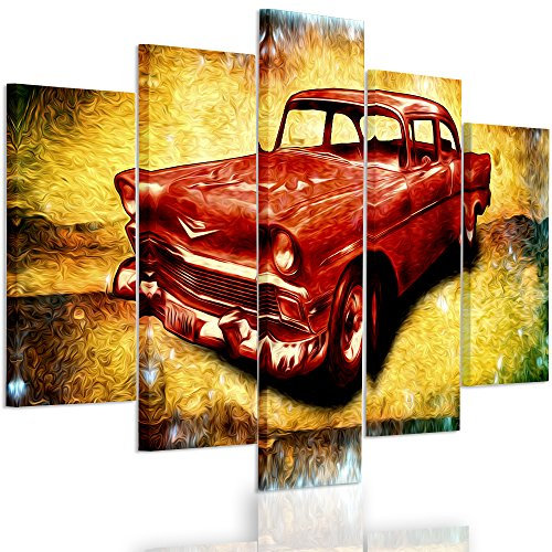 Feeby. Leinwandbild - 5 Teile - Bilder, Wand Bild, Wandbilder, Kunstdruck XXL, 5-Teilig, Typ A, 150x100 cm, ALTER CADILAC, ELDORADO, VINTAGE, GELB, ROT