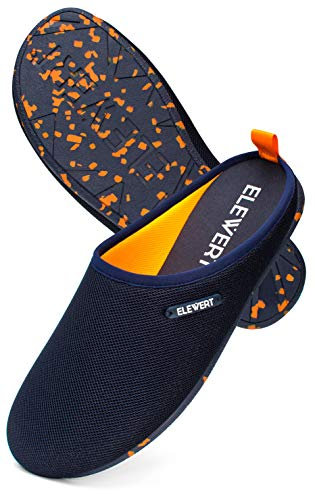 ELEWERT® Hausschuhe für Herren und Damen I LITE Pantoffeln I Slipper für Sommer und Winter I Barfußschuhe I Atmungsaktiv I Rutschfeste Gummisohle I Marineblau/Orange, EU 44