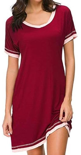 FANSU Chemise de Nuit Femme Manche Courte Sexy Pyjamas Élégant Robe de Nuit Col en V en Simple T Shirt Vêtement de Nuit Couleur Unie Grande Taille (XL,Vin Rouge)