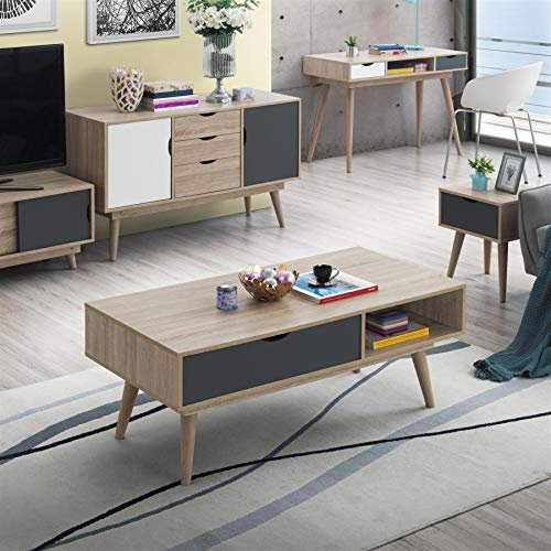 Timber Art Design UK Alford Scandinavian Coffee Table With Drawer and Wooden Legs Storage Shelf Rectangular for Living Room, Home, Bedroom Furniture Sonoma Oak & Grey 120 x 49.6 x 60 cm