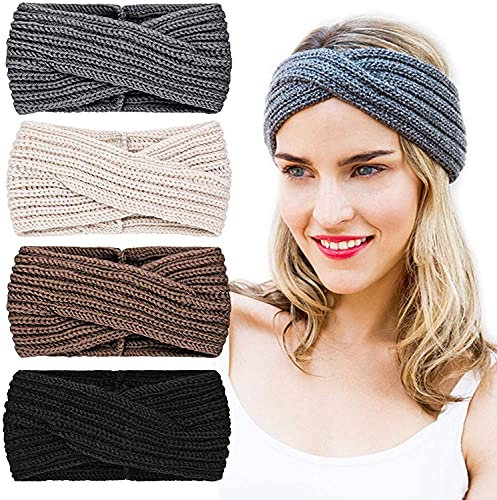 DRESHOW 4 Pack Womens Winter Ear Warmer Headband - Crochet Knit Turban Headband Chunky Cable Knit Headwrap