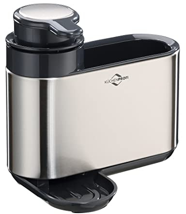 KÜCHENPROFI Spülstation Primus, Seifenspender, rostfreier Edelstahl | Abtropfschale, Schwammhalter, Bürstenhalter, integrierter Seifenspender 300 ml, Edelstahl, kompakte Maße 18×13×16 cm