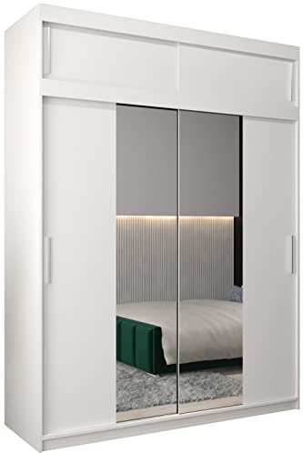 ABIKSMEBLE Tokyo 1 180 Armario de Dormitorios con Tres Puertas Correderas - Armario de Almacenamiento Moderno con Espejo, Perchero y Estantes - 180x240x62 cm - Blanco Mate con Extensión