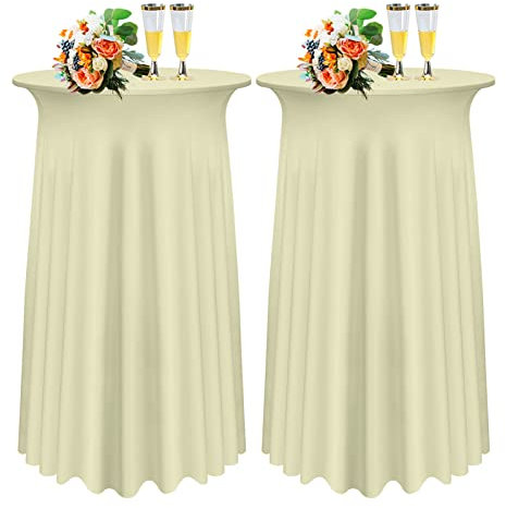 SHUOJIA 1/2/4 Packs Round Cocktail Table Skirt, Spandex Stretch Round Tablecloth Covers with Wavy Drapes, Fitted High Top Cocktail Table Skirt Table Dress for Party Wedding (2Pcs-80cm,Beige)
