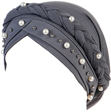 Turban Damen Muslim Mütze mit Stern Nietene und Strass Chemo Beanie Cap Kopfbedeckung Damen Hijab Perlen Zopf Turban Hut Kopftuch Krebs Bandana Headwrap Cap Grey