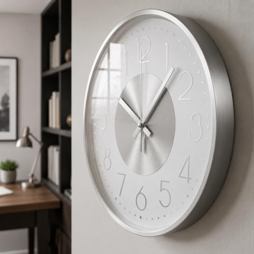 October Elf Modern Aluminium Wall Clock Silent 30cm Sliver Arabic | Non-Ticking/Analog/Round/ Metal Wall Clocks/ Decorative for Office Bedroom Kitchen Living Room Home Decor/Metal
