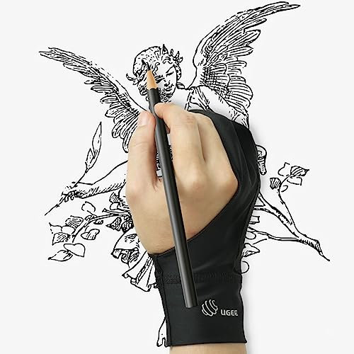 Ugee Künstlerhandschuh zum Zeichnen, Verbesserte gepolsterte Doppelhandschuhe, Zweifingerhandschuh für iPad, Grafiktablett für Stift, Zeichnen, Malen, Größe S