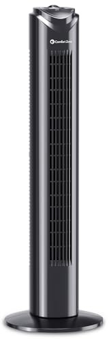 Comfort Zone 32-Inch Oscillating Tower Fan – Ultra-Slim Bladeless Design with 3 Speeds, 90° Wide Oscillation & Built-in Carry Handle – Quiet Portable Standing Fan for Bedroom, Home, or Office, Black