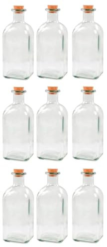Acan Tradineur - Pack de 9 Botellas de Cristal, frascas con tapón de Corcho, Recargable, con diseño Tradicional, Capacidad 1 litro, licores, Vino, Aguardiente