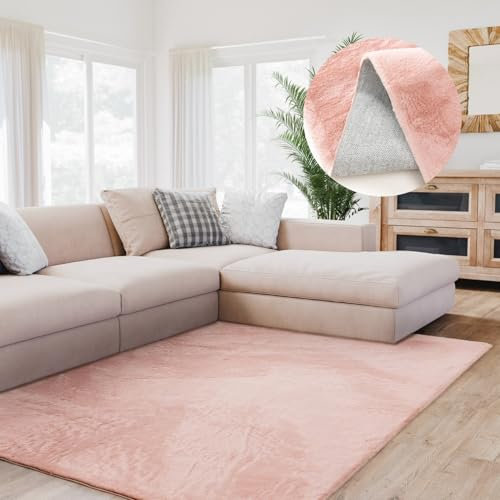 Interiyou Fargo - Teppich Wohnzimmer 230x330 cm Rosa - Kurzflor Waschbar und rutschfest - Flauschiger Fellteppich aus Kunstfell - weicher Langflor Fell