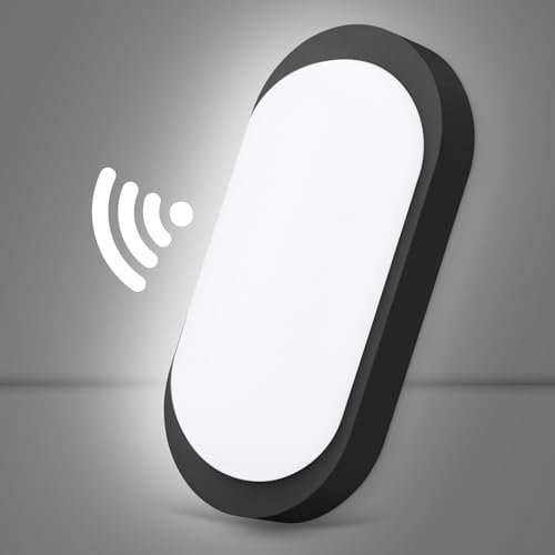 IEGLED Kellerlampe mit Bewegungsmelder und Dämmerungssensor, IP65 12W LED Wandleuchte, 1080LM Oval Deckenlampe, 4000K Feuchtraumleuchte Lampe für Keller, Flur, Treppe, Garage, Balkon