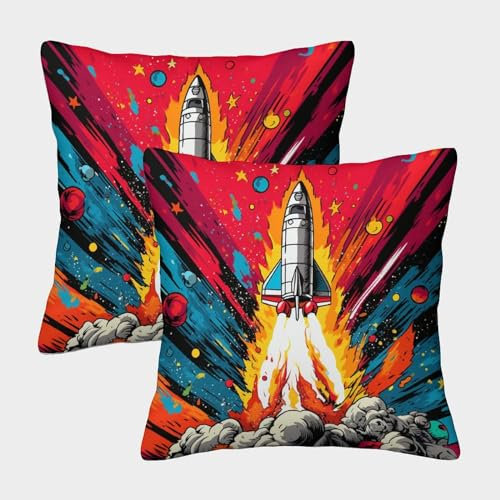 GUYDZOOM Space Rocket for Boys Wurfkissenbezug Quadrat Aus Weicher 3D Gedruckt Kissenhülle Für Sofa Couch Bett Personalisierte Wohnkultur Geschenk Für Kissenbezüge 2er-Set 40x40cm