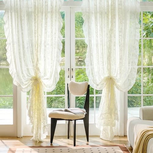 TUDECO Rüschenvorhänge, 2 Stoffbahnen, Vintage-Tüll, Blumenspitze, cremefarben, durchscheinende Vorhänge, 213 cm lang, Shabby-Chic-Dekor, Stangentasche, Privatsphäre, Rüschenvorhänge für Wohnzimmer