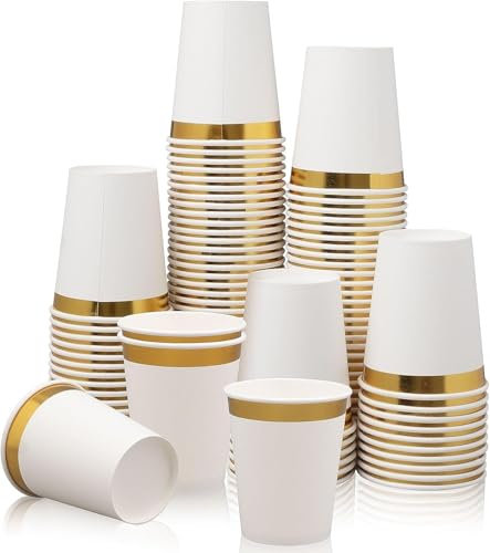 200 Pièces Gobelets en Papier à Bord Doré, Gobelets en Papier Jetables de 270ml en Vrac, Gobelets en Papier pour Boissons Chaudes et Froides pour Thé Café Eau Lait Jus, Gobelets en Papier pour Fête Ma