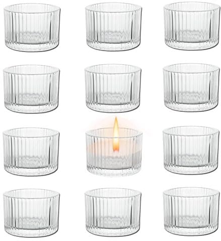 Tea Light Candle Holders, 12 pack Glass Tealight Holders (Ø5.3 X H3.5cm) Clear Tea Light Holder for Wedding Candle, Party, Home Table Decoration