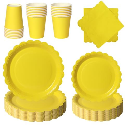 PYAILI 96 Pcs Yellow Party Tableware Set, Paper Plates Cups Napkins, Dinnerware Set for Kids Adult Birthday,Wedding,Baby Shower Party Tableware