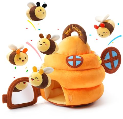 Koty Baby Toys 6-12 Months,Bee House Sensory Learning Toy, Beehive wtih wtih rattles, Squeaker, Mirror,5pcs Yellow Plush Bees, Educational Montessori Toy for Infants 6-12 Months