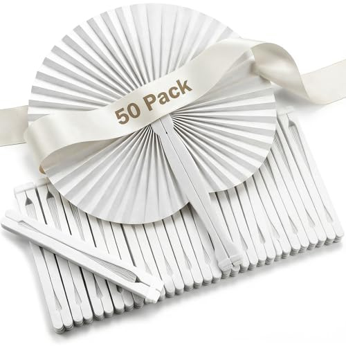 Woobroo 50 PCS Folding Paper Fans, Round Hand Fan Foldable Wedding for Summer Wedding Birthday Party DIY Favour Travel, White