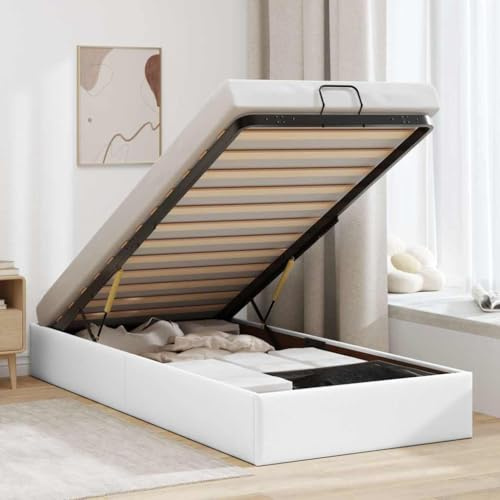 Hommdiy Ottoman-Bett Mit Stauraum Polsterbett Boxspringbett ohne Matratze Weiß 100x200 cm Kunstleder
