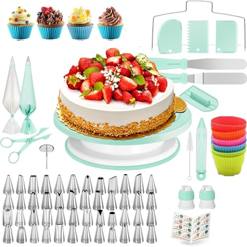 90 Pcs Cake Decorating Supplies kit with Cake Turntable-leveler-48 Piping Tips with Pattern Chart -Straight & Offset Spatula-20 Icings Bags-3 Icing Smoother Scraper Set for Beginner Cake-Lover (Green)