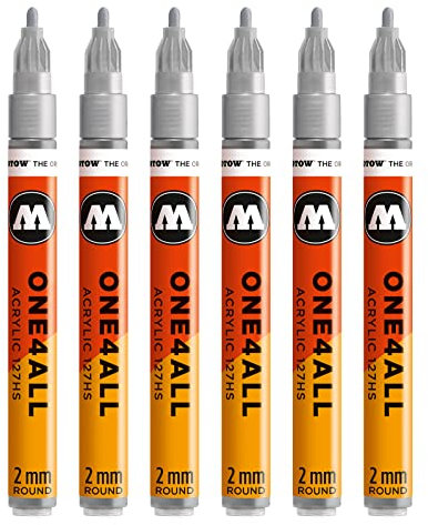 Molotow One4All 127HS Acryl Marker (2,0 mm Strichstärke, hochdeckend und permanent, UV-beständig, für fast alle Untergründe) 6 Stück Farbe 227 metallic silber