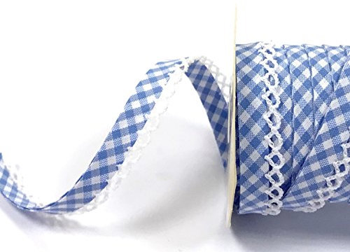 byetsa 71446 12 mm 016 hellblau vorgefalzt Gingham Schrägband mit Spitze Rand auf einer 25 m Rolle