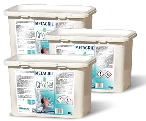 Metacril Chlor Granulat 1 kg. X 3 Stk. – tricloro 90% UV-aktiv – Chlor Net 3 kg. – Desinfektion für Pool und Spa Massage A Langsame Zerfall. Sofortiger Versand