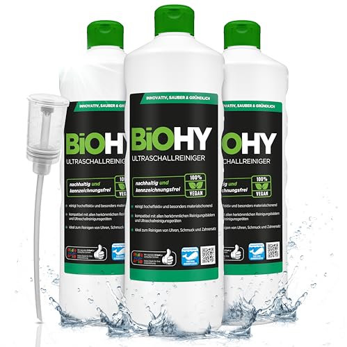 BiOHY Ultrasonic Cleaner (3 x 1l Bottle) + Dispenser | Intensive and Gentle Cleaning of Dental Products, Gold, Coins and Jewellery| Concentrate for ultrasonic Bath (Ultraschallreiniger)