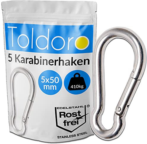 Toldoro 5X Edelstahl Karabiner 5x50mm Rostfrei - NIRO AISI 316 V4A / Karabinerhaken Klein für Schlüsselanhänger, Blumenampel, Hundeleine/Feuerwehrkarabiner/Karabiner Set
