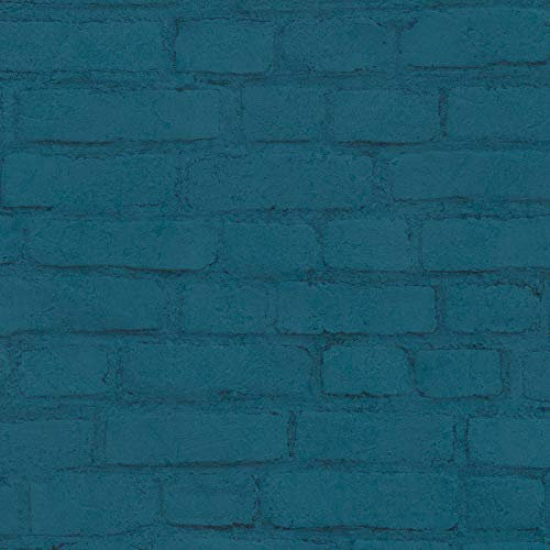 Papier peint brique bleu industriel | Papier peint bleu pétrole intissé & vinyle 374144 | Papier peint salon & chambre | Papier peint brique