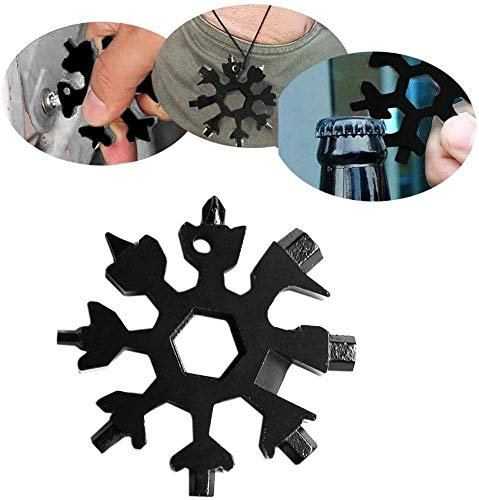 18 in 1 Stainless Steel Snowflake Multi Tool, Bprtcra Stainless Steel Bicycle Multifunctional Tool Portable Screwdriver Bottle Opener Ring Spanner Hex Key Small Gift for Men (Black)