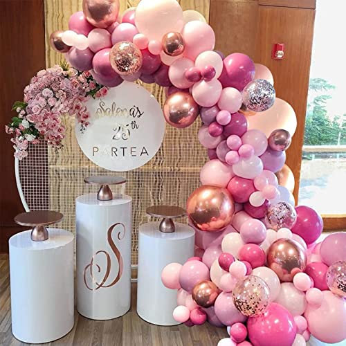 Pink Balloon Arch Kit Garland, 112 Pink Retro Rose Red Re-usable Balloons and Rose Gold Confetti Balloons, for Girl Baby Shower Wedding Birthday Party Theme Party Background Balloon Garland Decoration