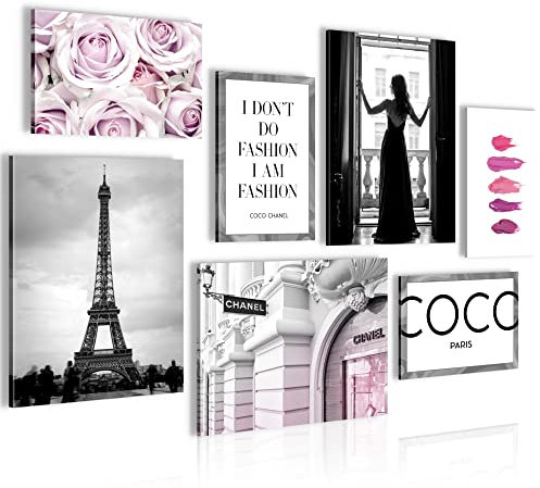 Novart Wandbilder Fashion Paris - KOMPLETT AUFHÄNGFERTIG - Coco Wohnzimmer Mädchen Teenager - 7 Moderne Mood-Bilder - N015671a