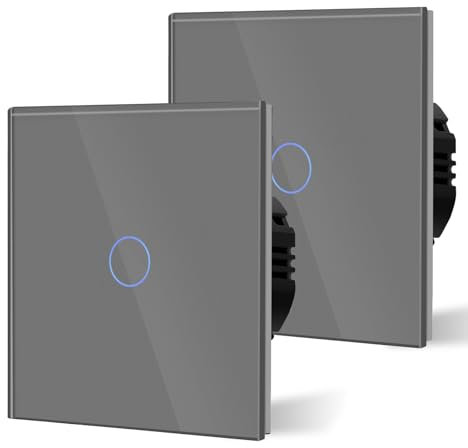 BSEED Interruptor Tactil luz pared,Interruptores Conmutador Modernos,Vidrio Panel con luz Piloto,Sin Función Wifi,1 Gang 2 Vía - 2 Paquetes,86mm Gris